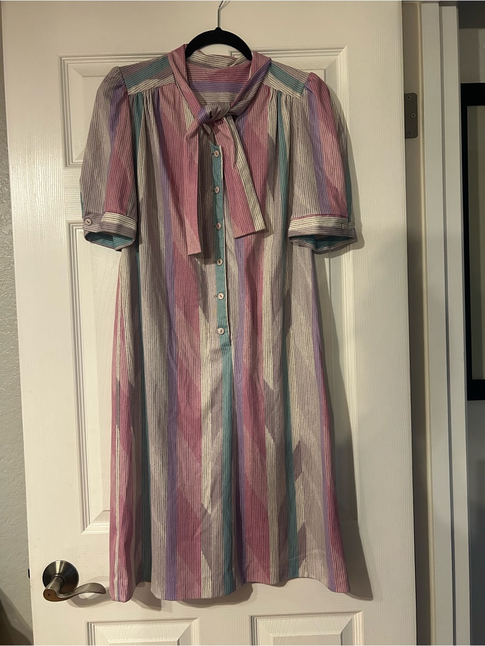 Vintage Pastel Striped Tie-Neck Midi Dress